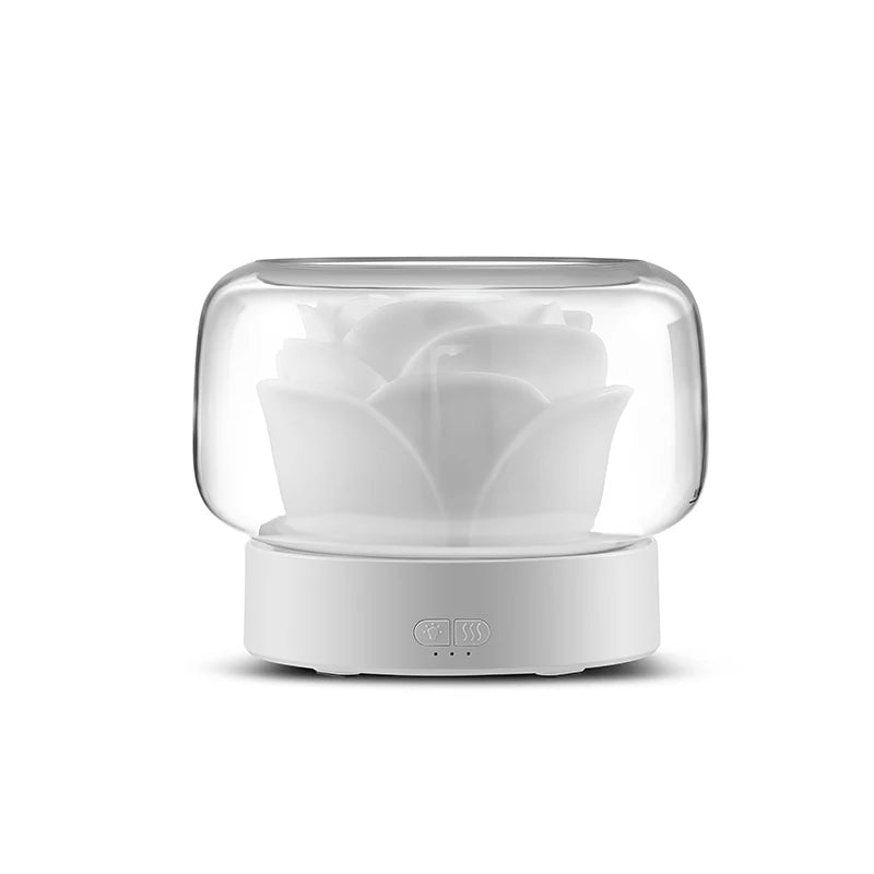  Minimalist white flower-inspired aroma diffuser with elegant design.