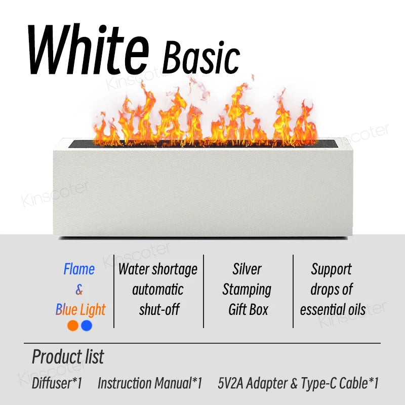 KINSCOTER White Basic flame diffuser with fire effect and feature list

