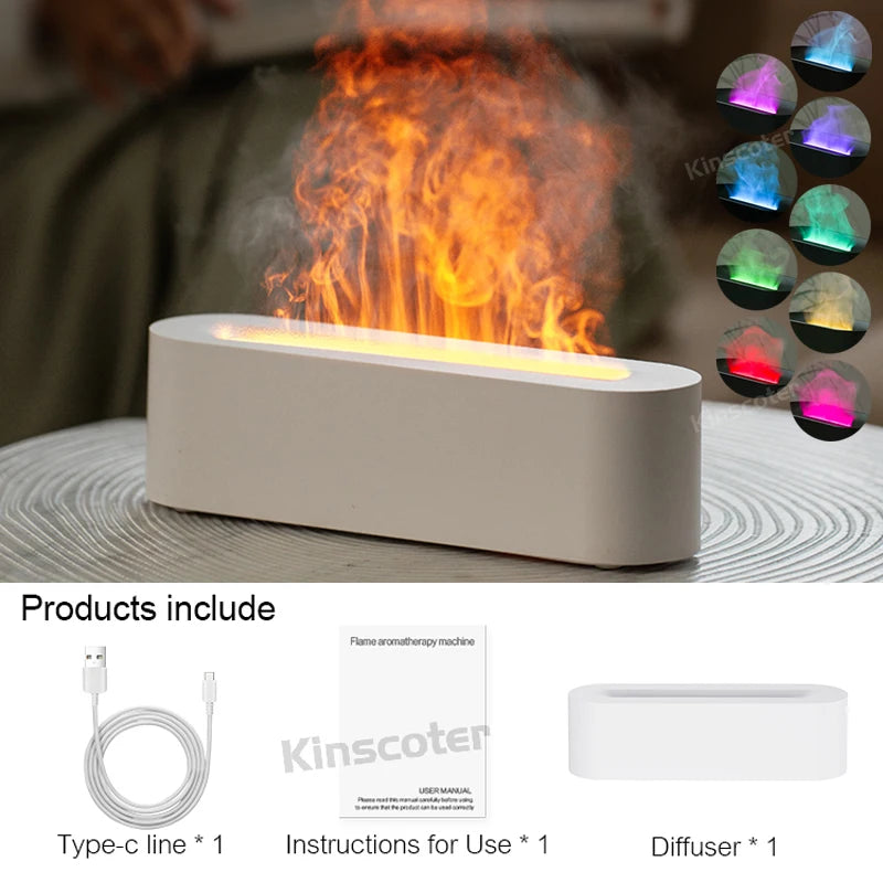 White KINSCOTER diffuser with Type-C cable and manual, featuring colorful flame mist options