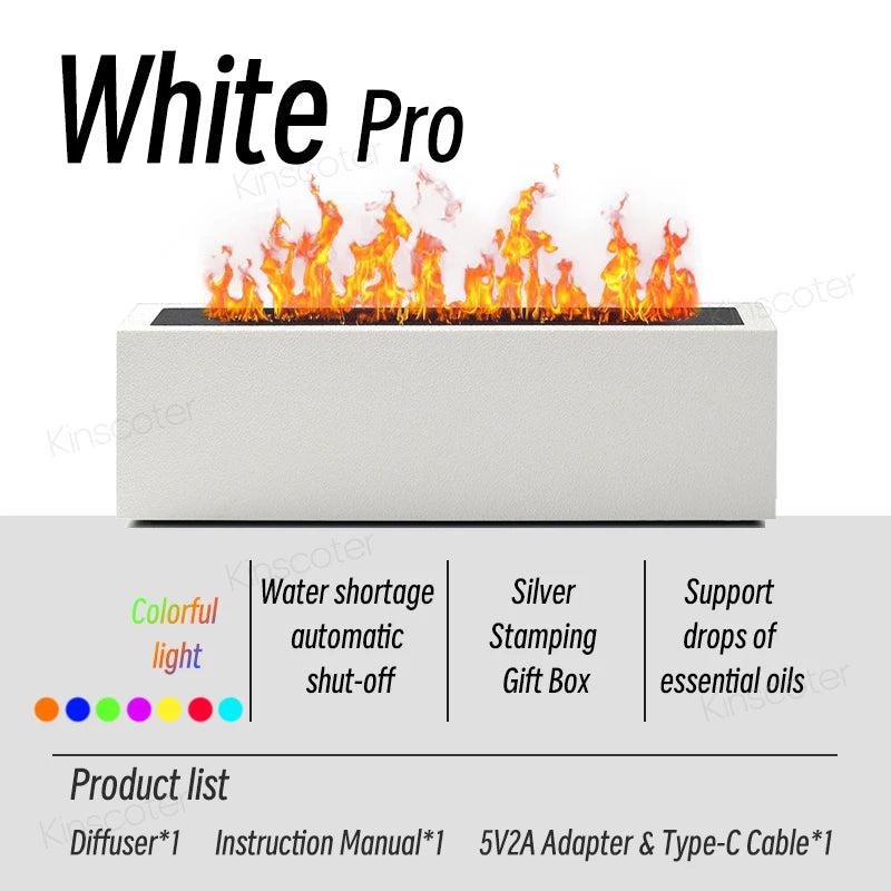 KINSCOTER White Pro diffuser with colorful flame-effect mist and features

