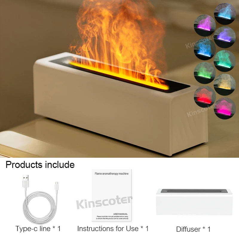 Rectangular white KINSCOTER diffuser with flame effect, multicolor lighting and accessories