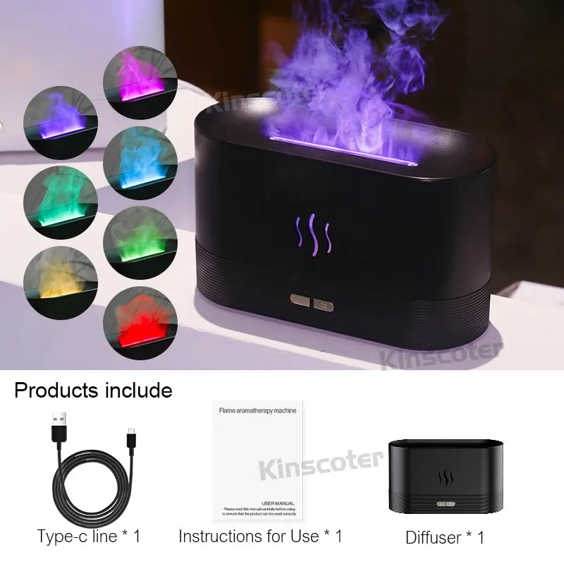 Black diffuser with purple flame light and multi-color mist for relaxing atmosphere