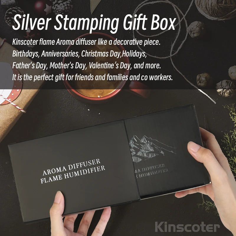 Elegant black gift box packaging for Kinscoter flame aroma diffuser