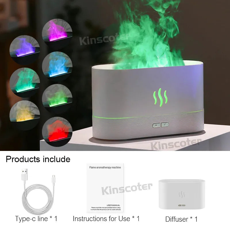 White Kinscoter diffuser emitting warm flame mist, ideal for relaxation and humidification