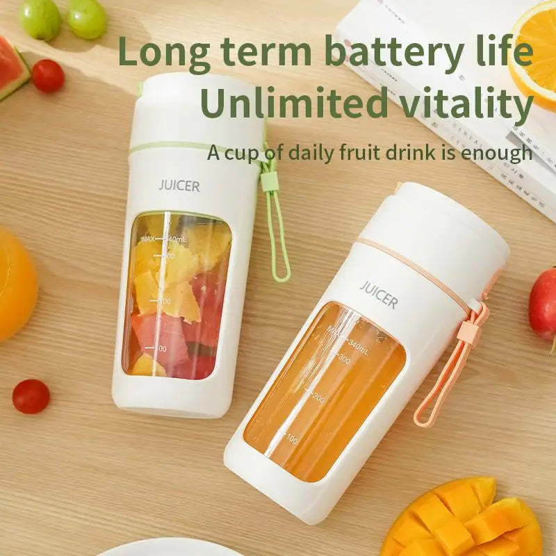 Two white juicers with fruit on a wooden surface, promoting long-term battery life and daily fruit consumption.