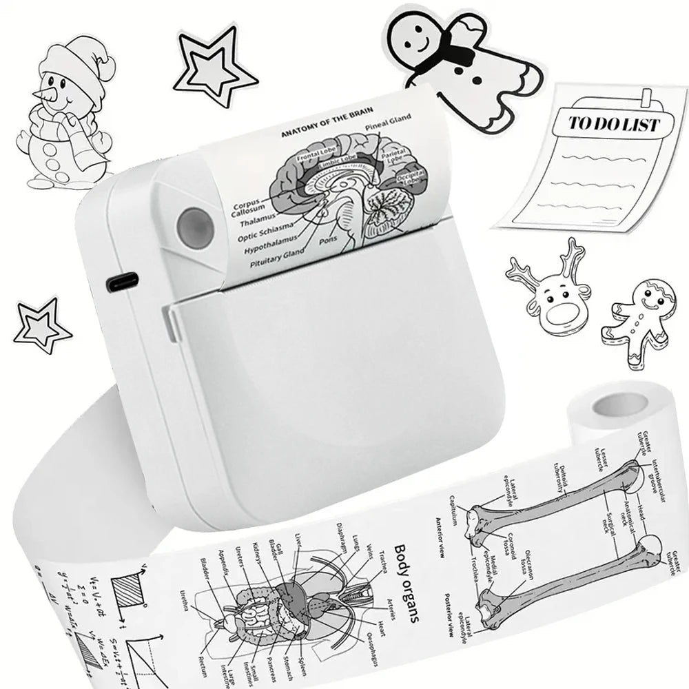 White printer with printed paper featuring anatomical illustrations on a white background with decorative elements.