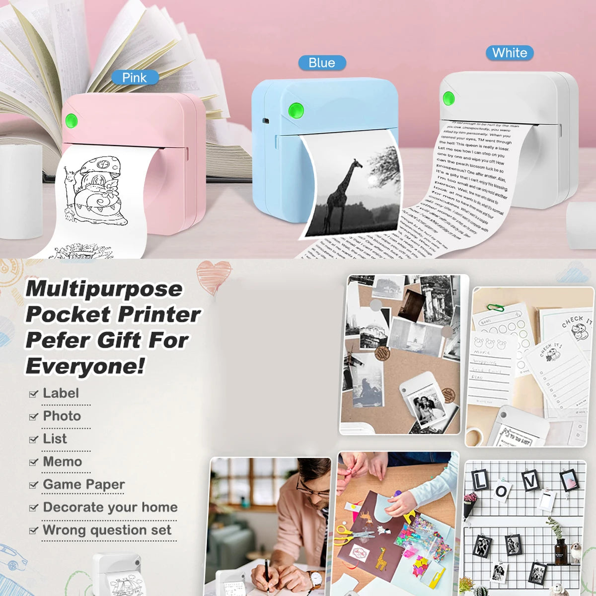 Collage of a multipurpose pocket printer with various uses and features.