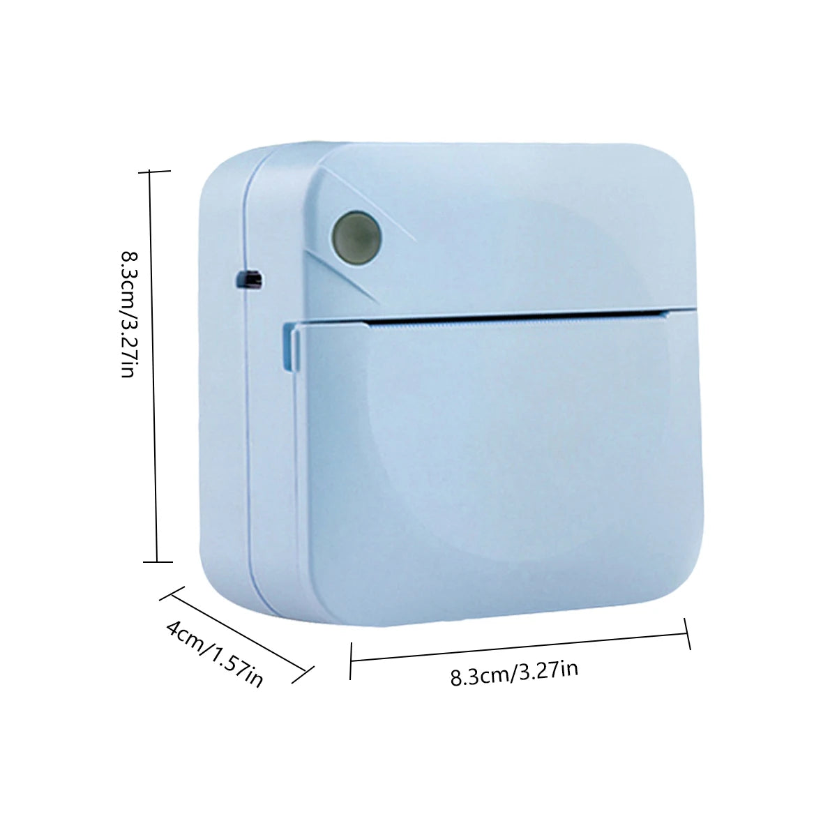 Blue portable device with dimensions indicated on a white background
