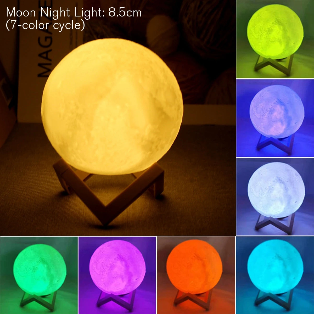 Moon night light with 7-color cycle on a stand, showing different color options.