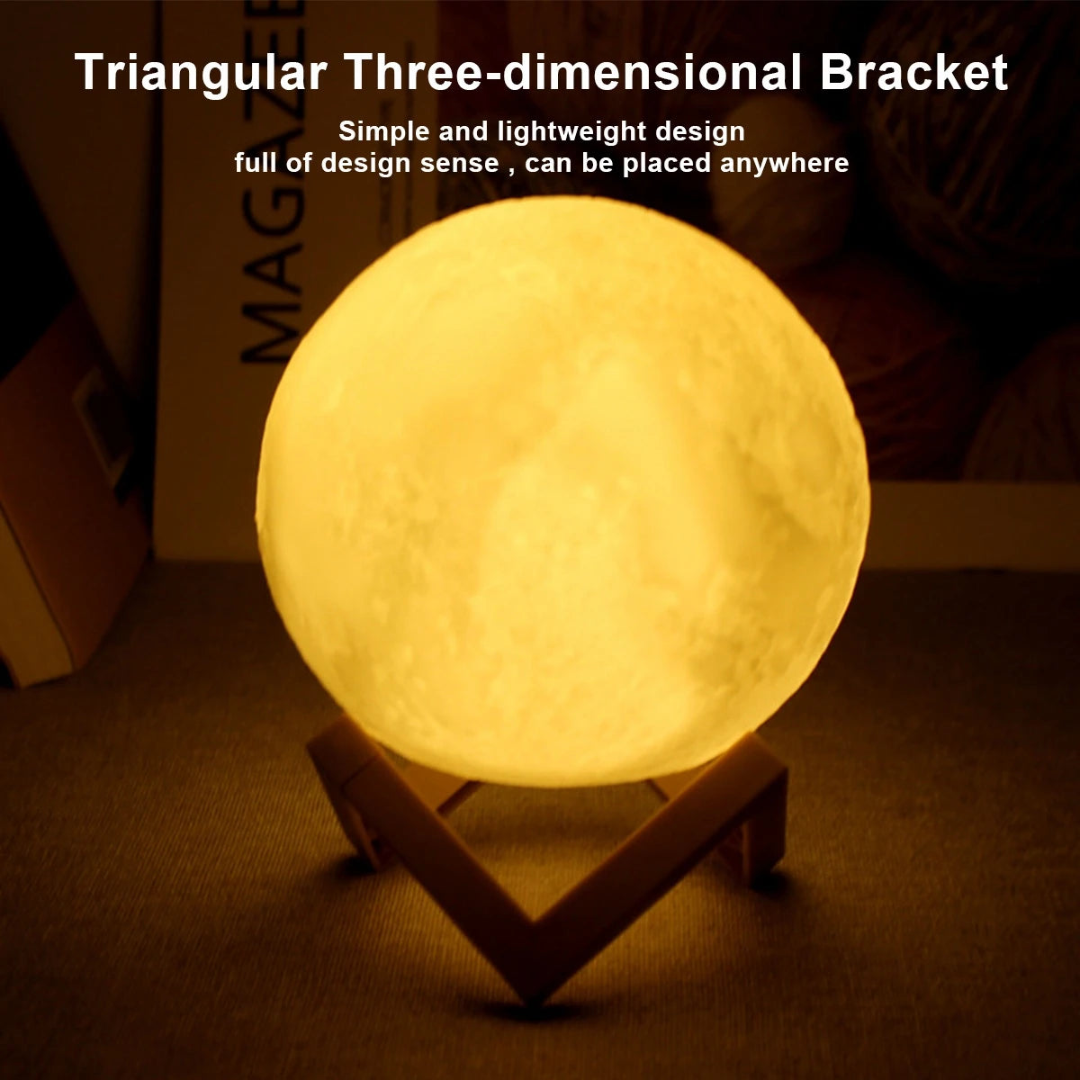 Moon-shaped lamp on a triangular stand with text about its design and placement flexibility.