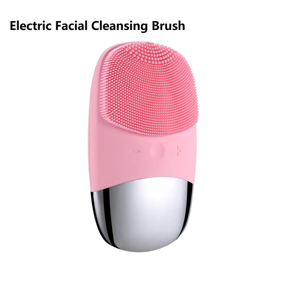 Pink silicone face brush designed for sensitive skin with soft bristles