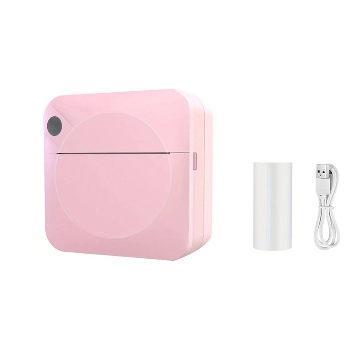 Pink portable device with a white power bank and cable on a white background