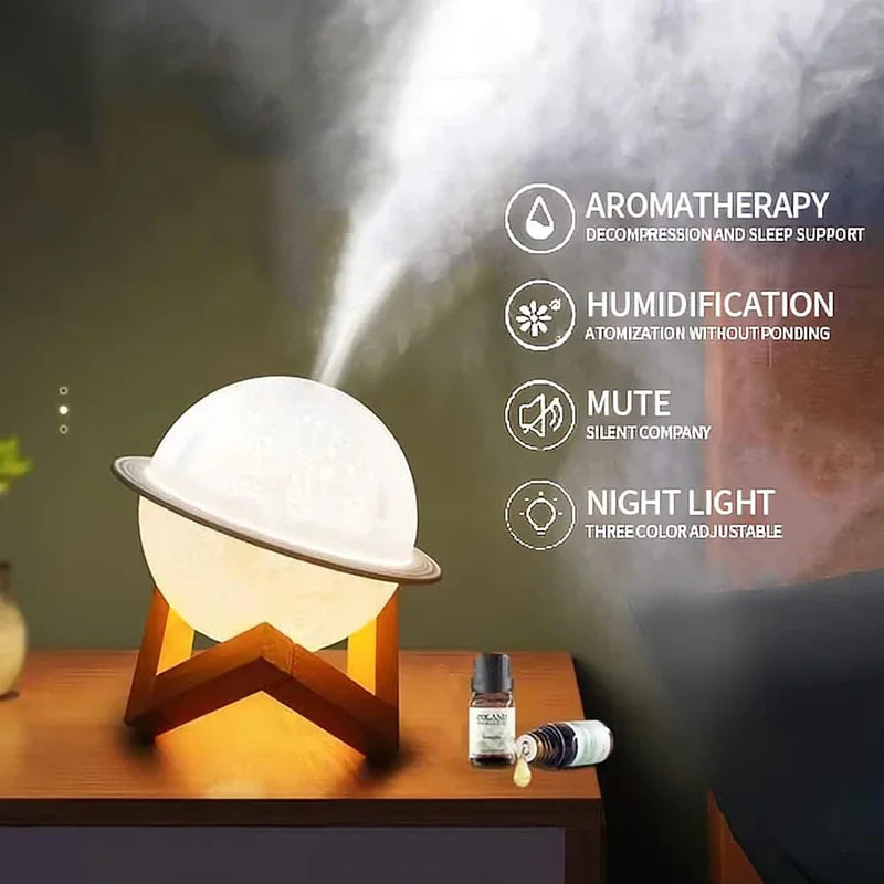 Aromatherapy diffuser emitting mist on a wooden surface with product details.