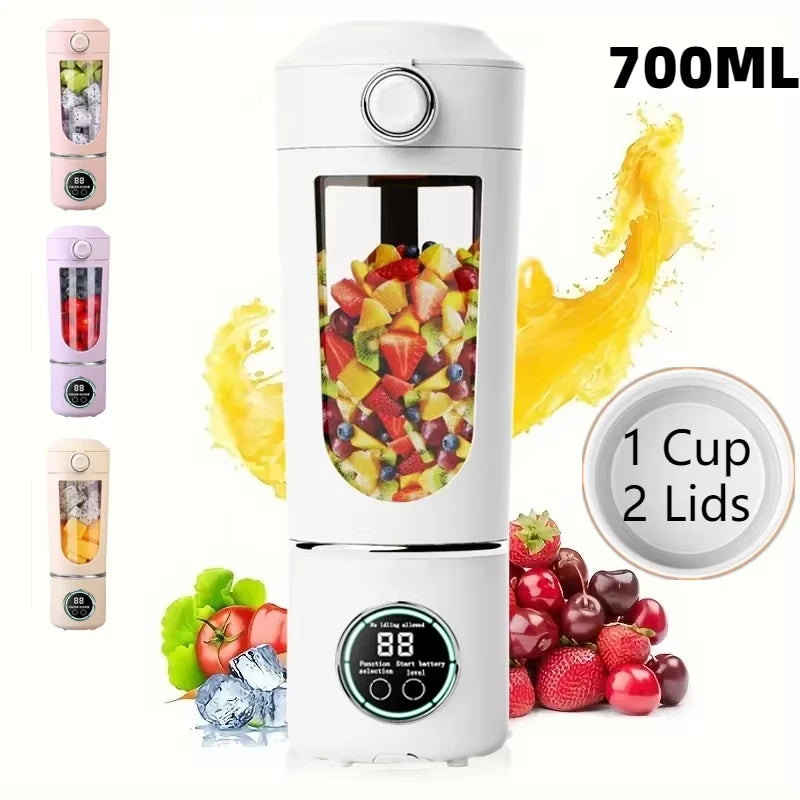 Portable blender with fruit inside, surrounded by additional blenders and fruit images on a white background.