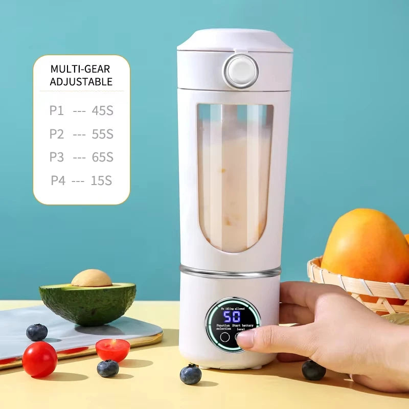 Portable blender with a digital display on a table with fruits and vegetables, against a blue background.