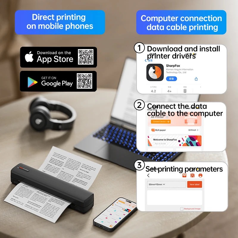 Tattoo printer setup steps for phone app and computer cable printing
