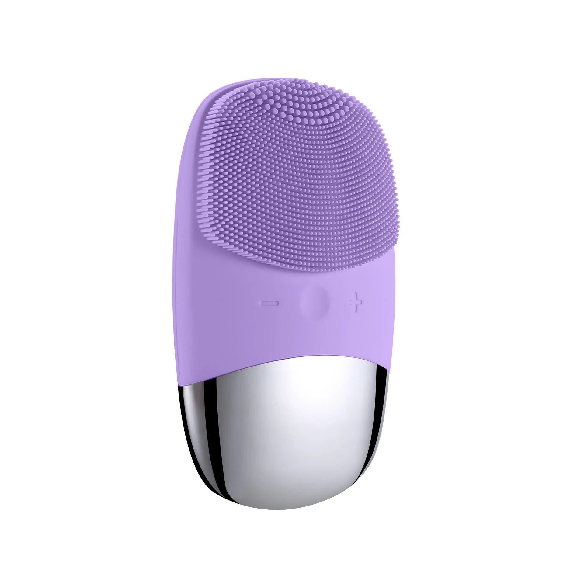 Purple facial cleansing brush with ergonomic design and silicone bristles
