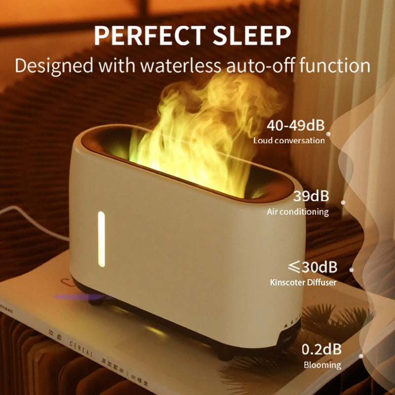 Kinscoter flame-effect humidifier emitting soft yellow mist, perfect for restful sleep