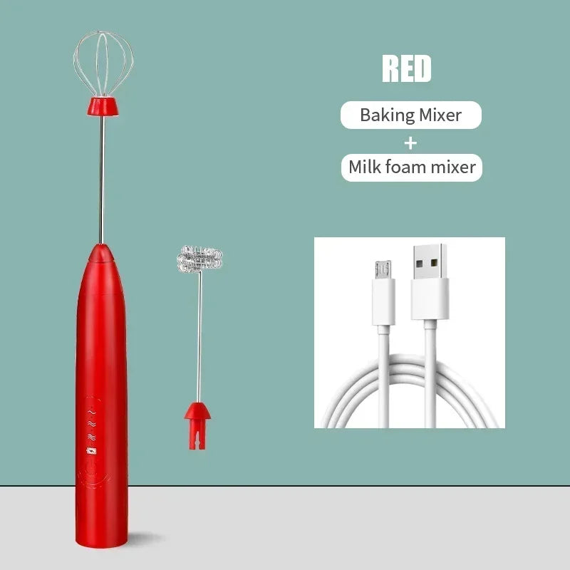 Red USB rechargeable milk frother and egg beater with baking and foam mixing heads