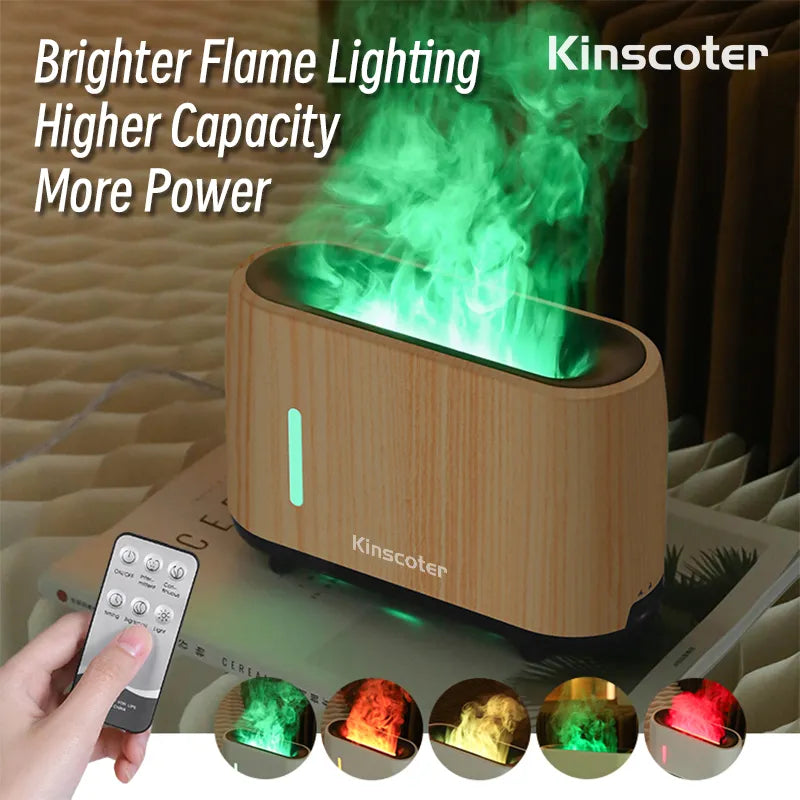 Wood style Kinscoter flame humidifier with green mist and handheld remote control