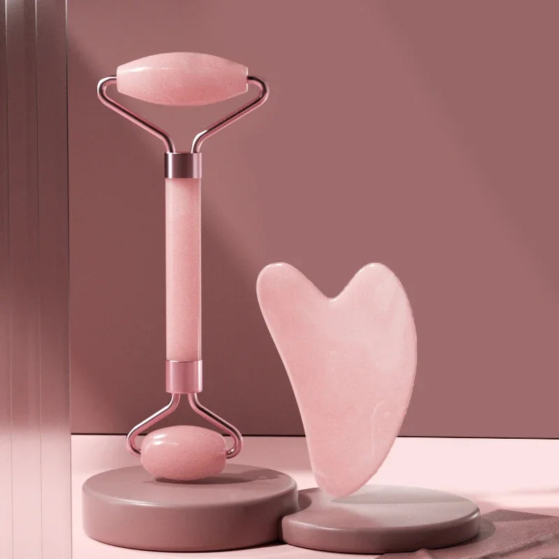 Rose quartz jade roller and gua sha tool for anti-aging skincare
