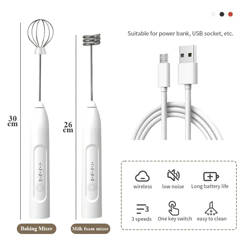 Size comparison of milk frother and baking mixer with USB charging compatibility