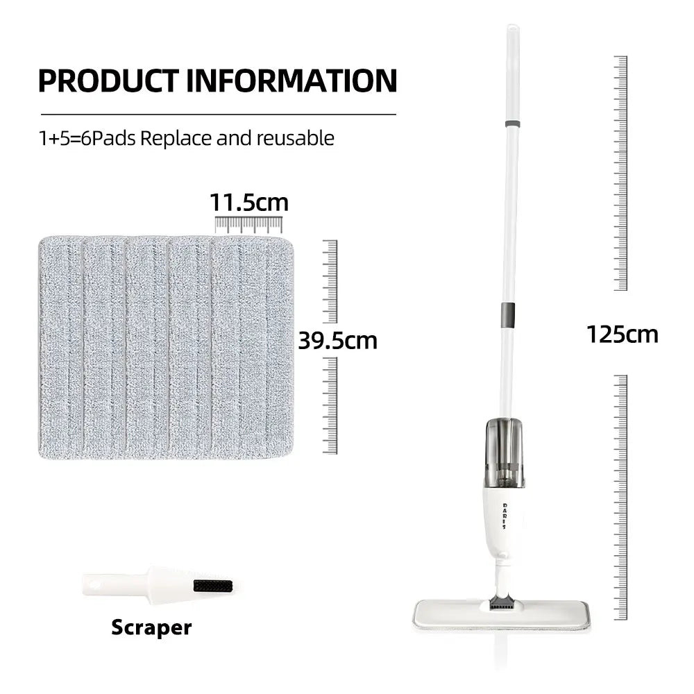 Spray Mop Size Chart with 6 Reusable Microfiber Pads and Scraper