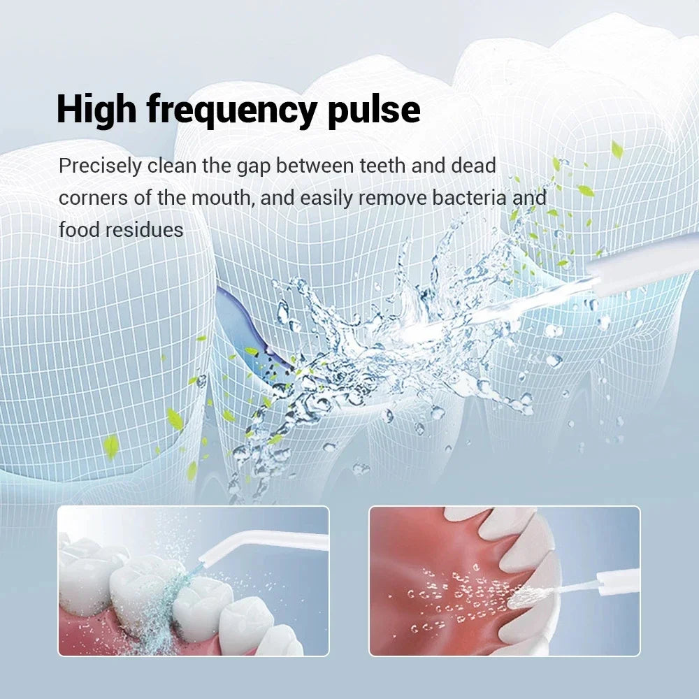Teeth cleaning mechanism with water flow and text explaining high frequency pulse cleaning.