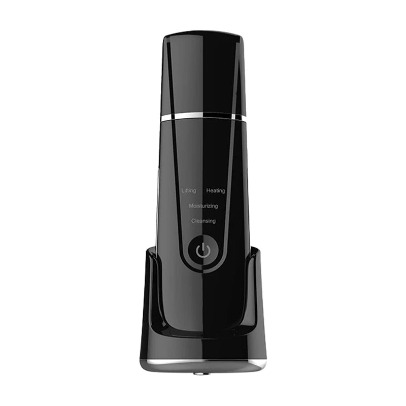 Front view of black ultrasonic face cleanser in charging stand for skincare routines.