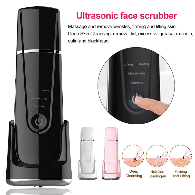 Black ultrasonic face scrubber with multifunctional modes for deep cleansing, lifting, and moisturizing.