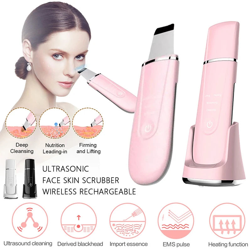 Illustration of pink ultrasonic face scrubber showing deep cleansing and skin tightening functions.