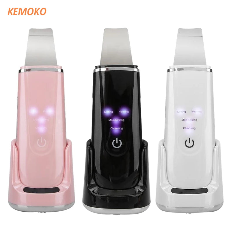 Three ultrasonic face scrubbers in black, white, and pink with LED light indicators.