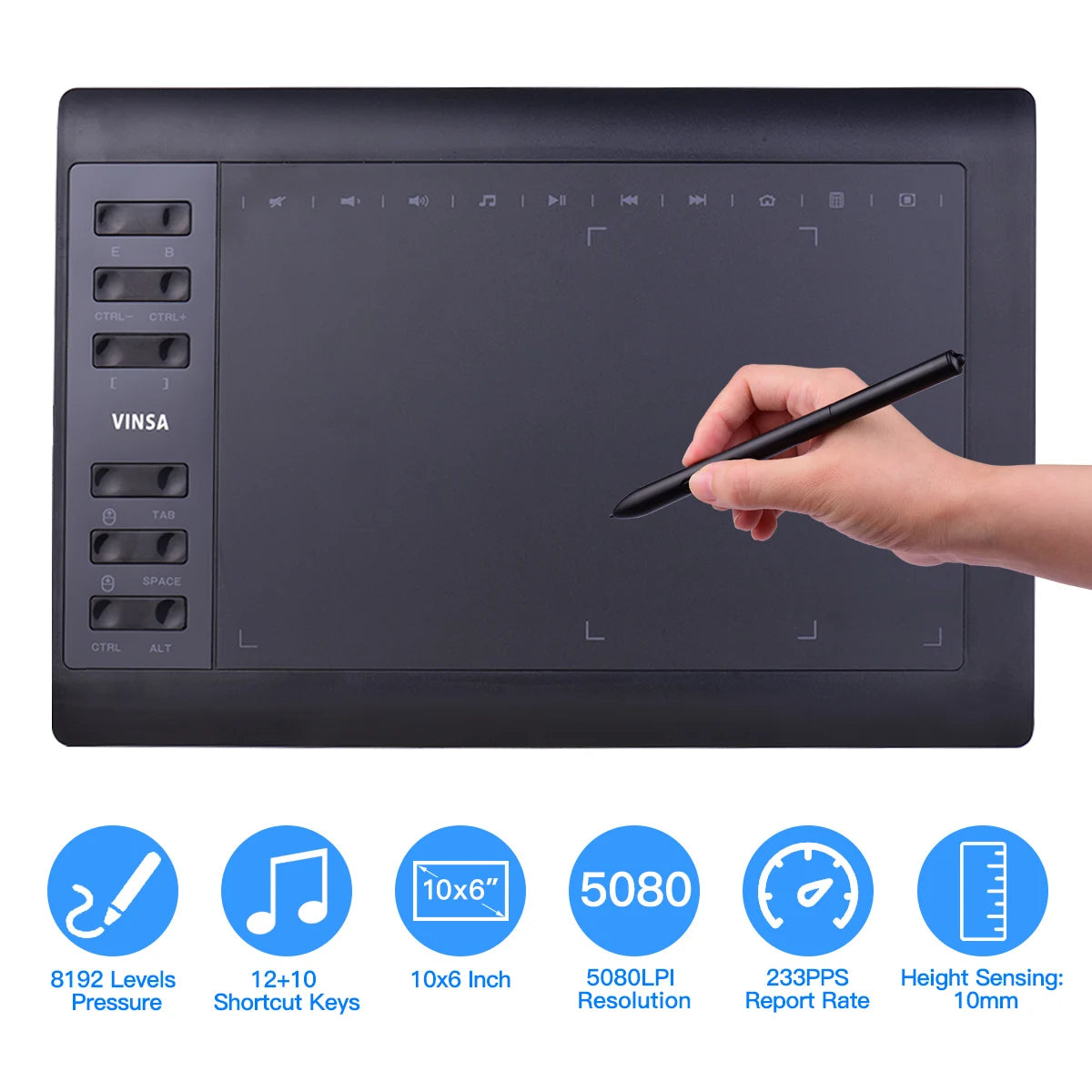 Vinsa drawing tablet with 8192 pressure levels and customizable shortcut keys