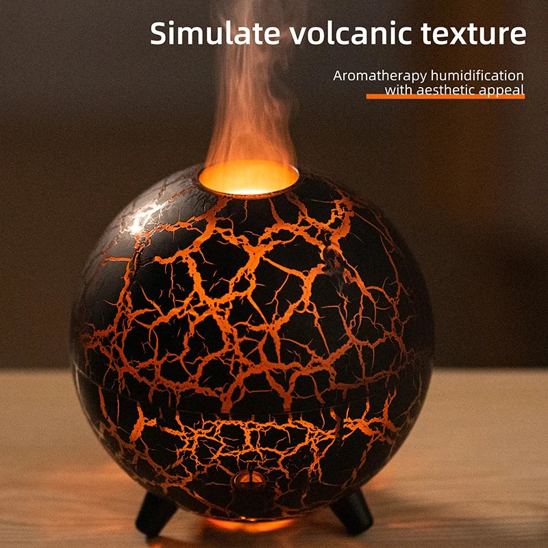 Aromatherapy humidifier with volcanic texture design on a wooden surface.
