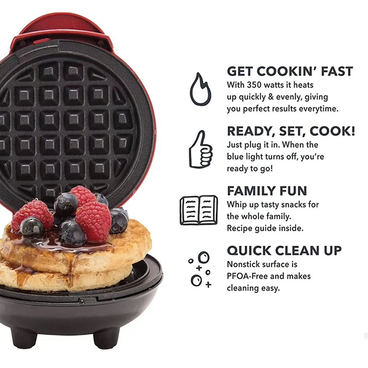 Waffle maker with waffle and berries on a white background, featuring text about its features.