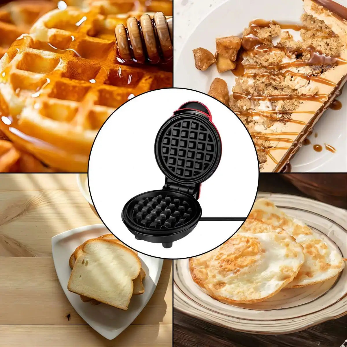 Collage of waffle maker with images of waffles, toast, and pancakes.