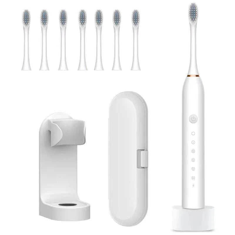 Complete white electric toothbrush set with six brush heads, travel case, and wall mount
