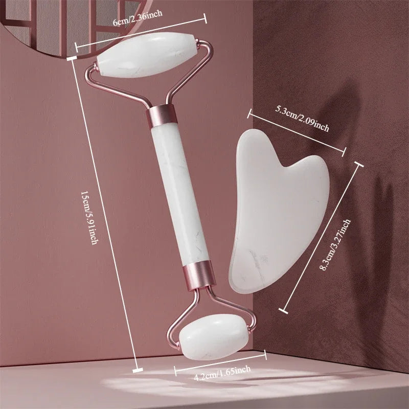 White face roller and gua sha set with size dimensions for facial massage and sculpting