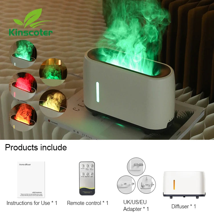 White flame humidifier with green mist, showing remote and plug set included