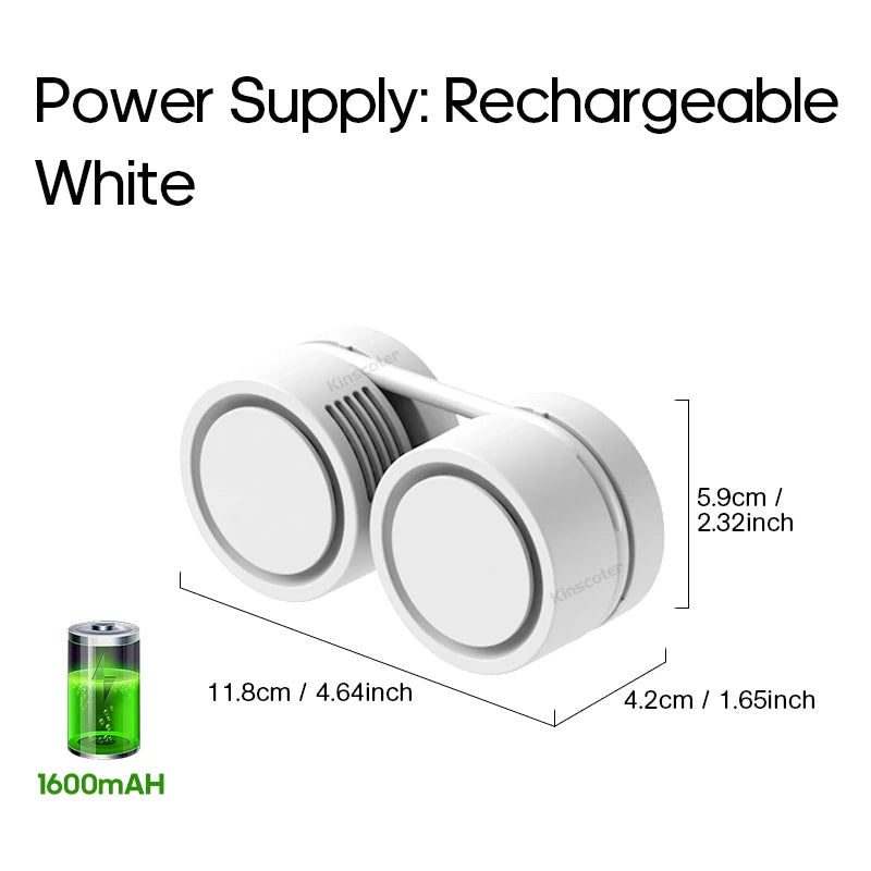 White portable neck fan with 1600mAh battery and compact size