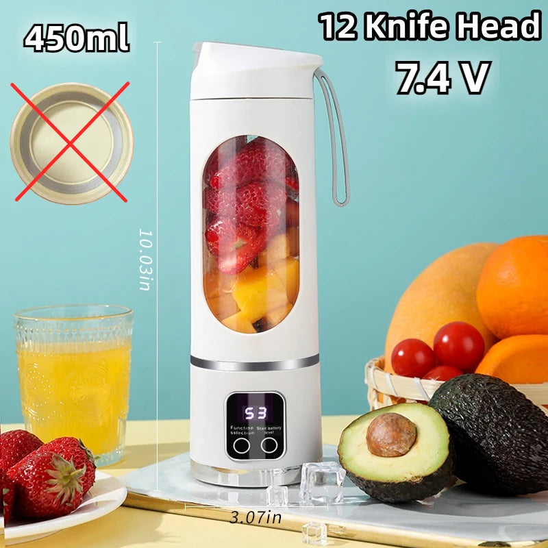 Portable blender with fruit, juice, and nutritional information on a blue background