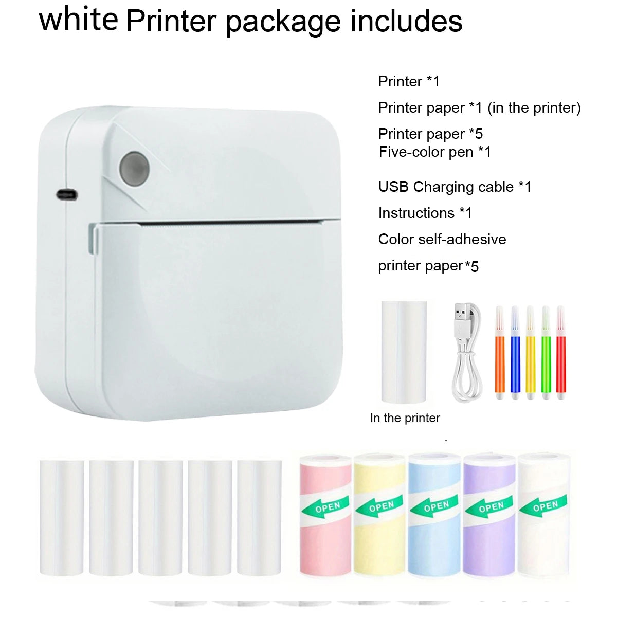 White printer package with printer, paper, pen, cable, and instructions on a white background