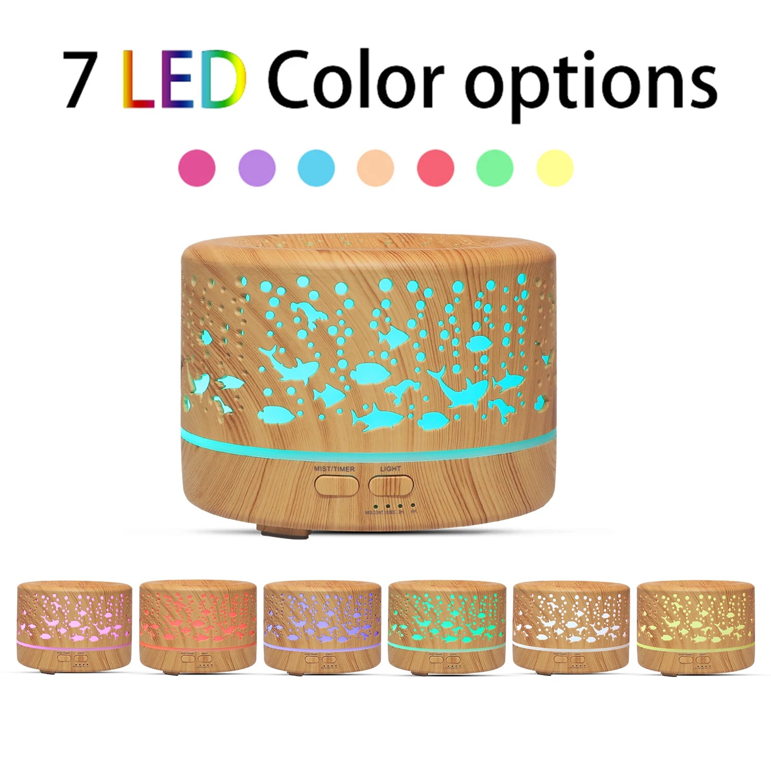 Wood grain aroma diffuser with 7 LED light color options for ambiance