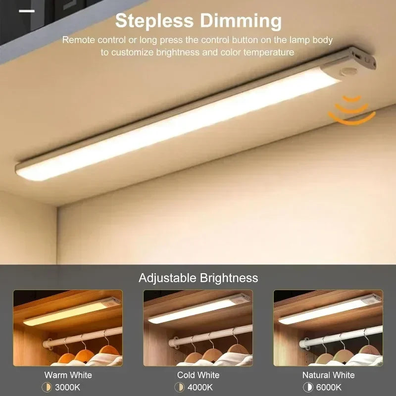 Xiaomi LED night light with stepless dimming installed under shelf, showing adjustable brightness color temperatures