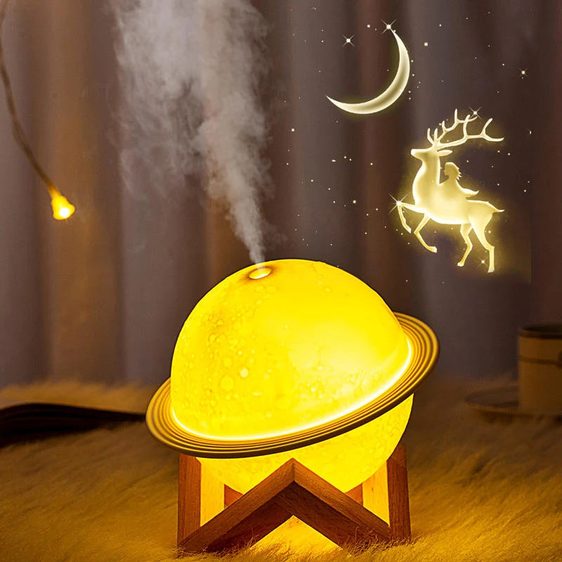 Yellow lamp with reindeer projection on a dark background